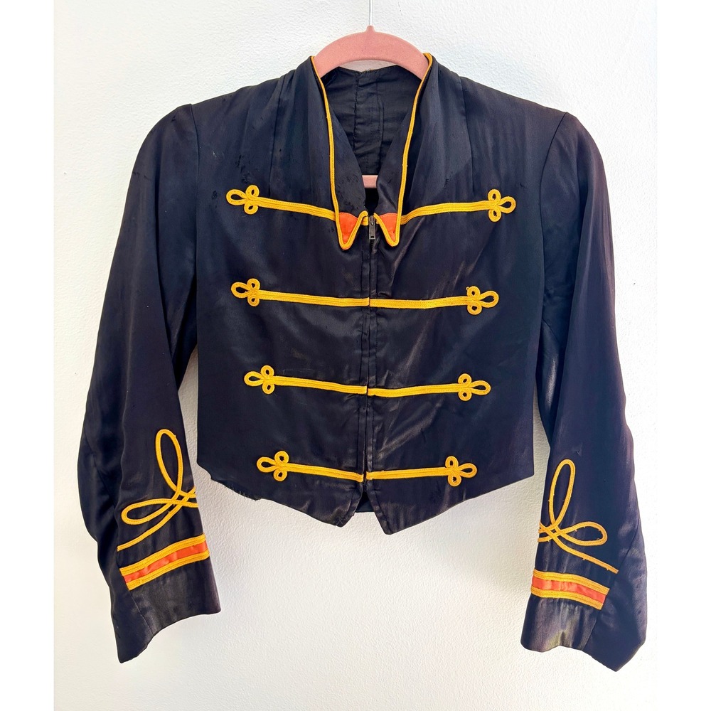 Vintage 1940s Military Band Jacket XS Black Satin Gold Braid Cropped Steampunk